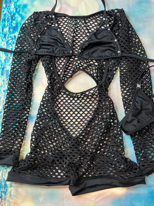 Black Fishnet Exotic Dance Wear One-Piece Outfit Sexy Romper