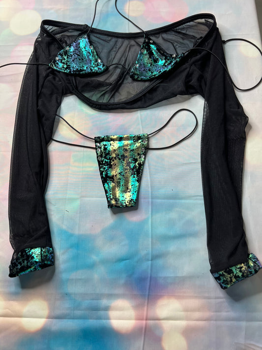 Exotic Dance Wear Green/Black Three-Piece Outfit Stylish Stripper
