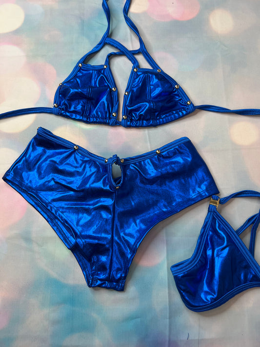 Exotic Dance Wear Metallic Blue Two-Piece Outfit - Sexy Stripper