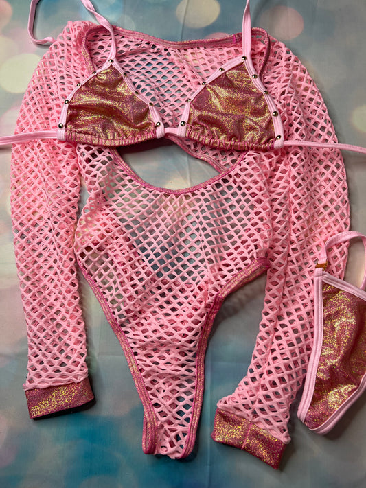 Exotic Dance Wear Baby Pink Fishnet Leotard Sexy Costume