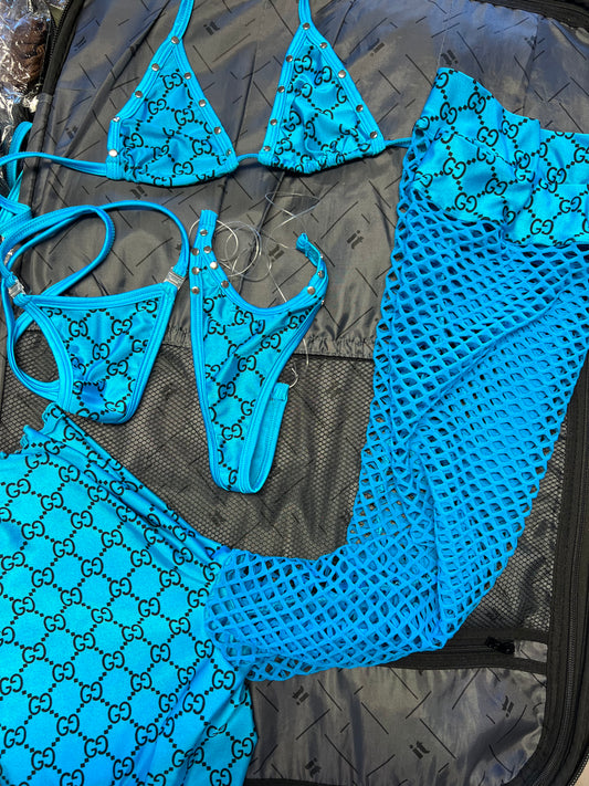 Baby Blue Stretch Fabric & Fishnet Leg Outfit Exotic Dancewear