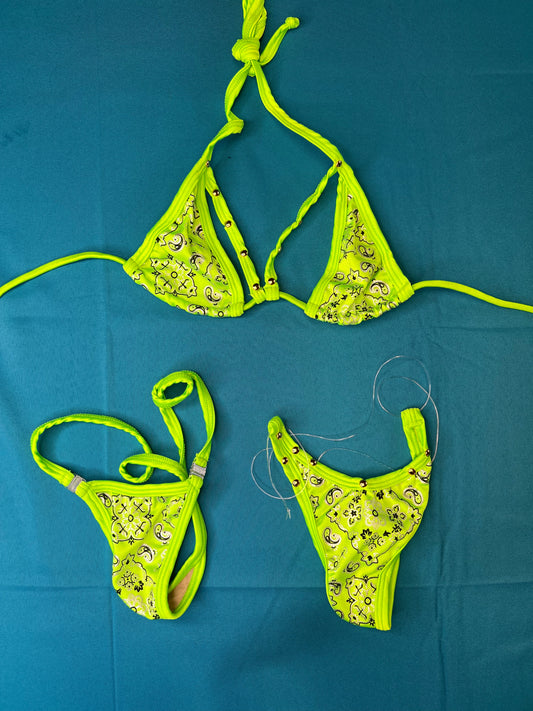 Two-Piece Bikini Exotic Dance Striking Neon Green/Bandana Print