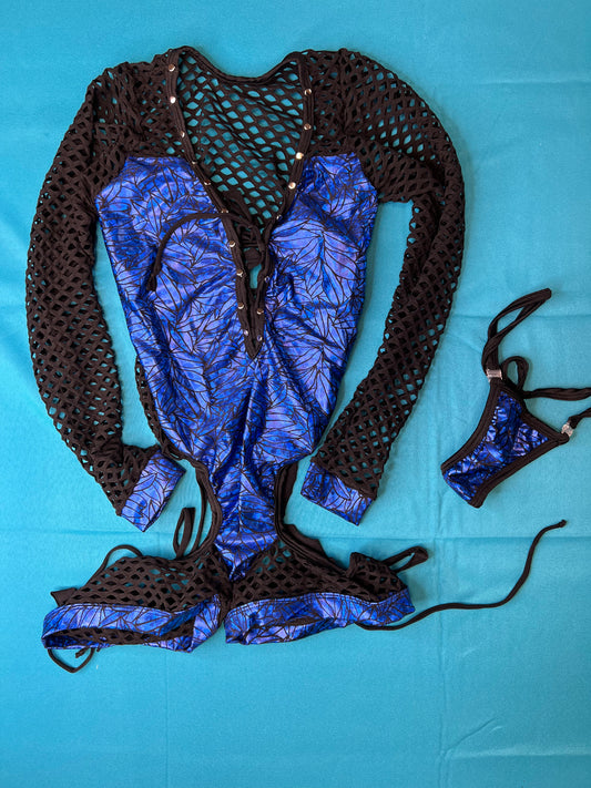Dazzling Metallic Blue One-Piece Black Fishnet Outfit Exotic Dance