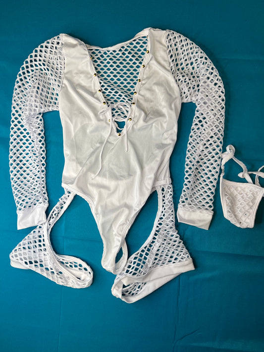 White Long Sleeve Fishnet Romper Perfect for Exotic Dance Wear