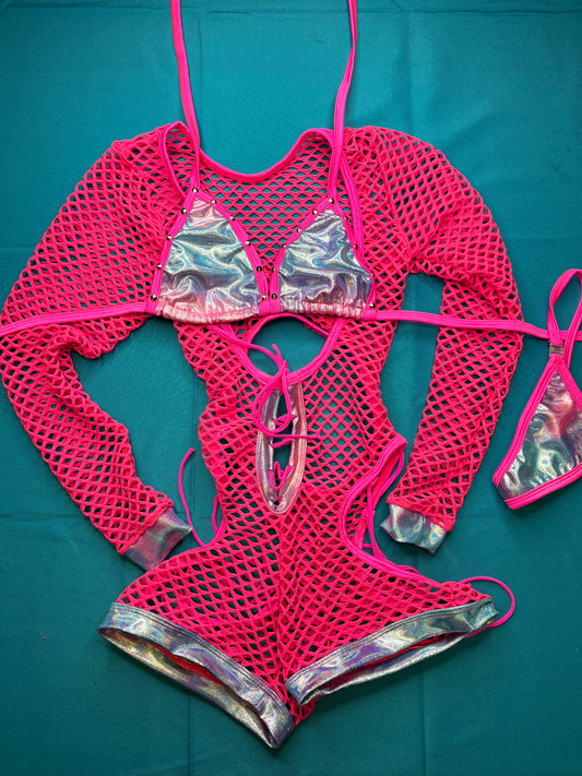 One-Piece Pink/Chrome Fishnet Outfit with Chrome Bikini top