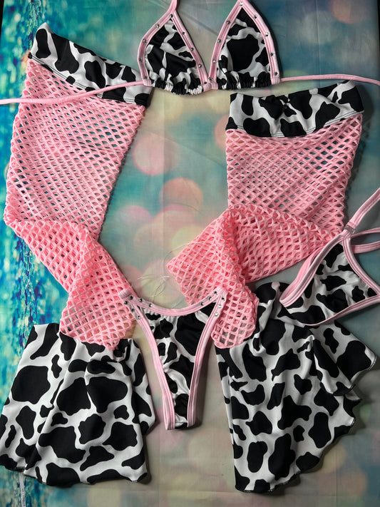 Exotic Dance Wear Baby Pink/Cow Print Leg Outfit Sultry Lingerie
