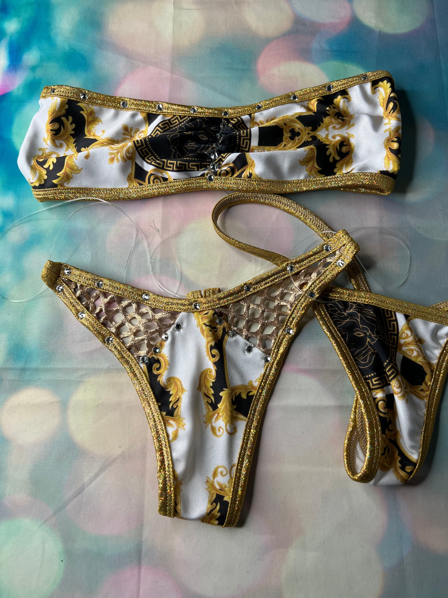 Exotic Dance Wear Two-Piece Outfit Stripper Attire Gold/White