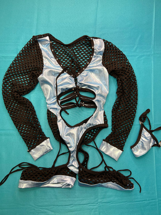 Exotic Dance Wear One-Piece Black/Baby Blue Lingerie Outfit