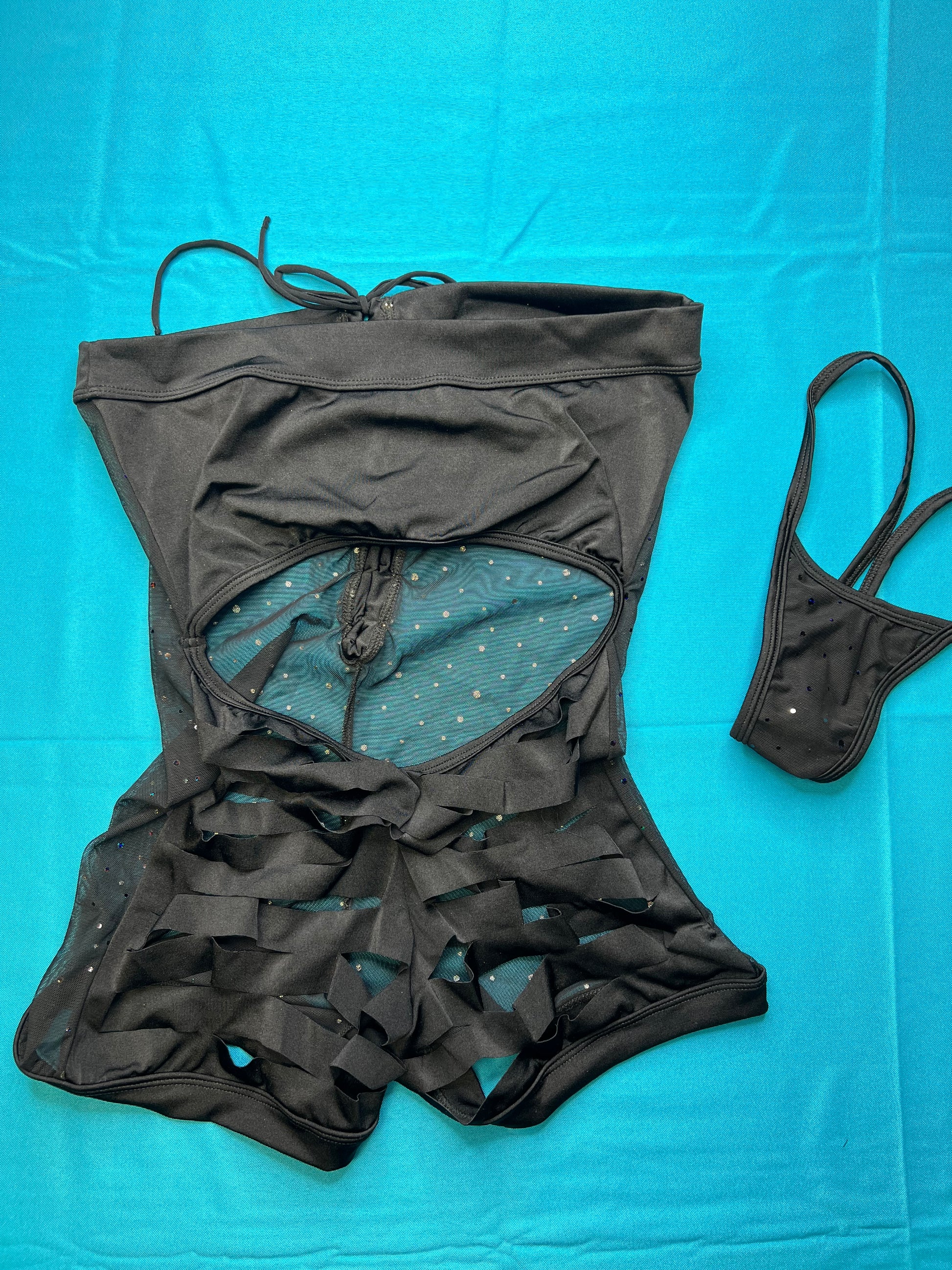 Black Mesh/Silver Sparkle One-Piece Exotic Wear Ripped Back
