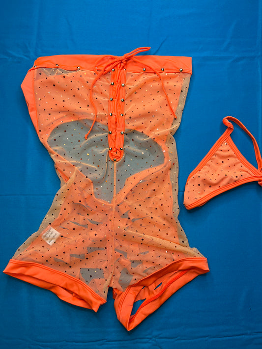 Orange Mesh One-Piece Exotic Dance Wear with Matching Thong