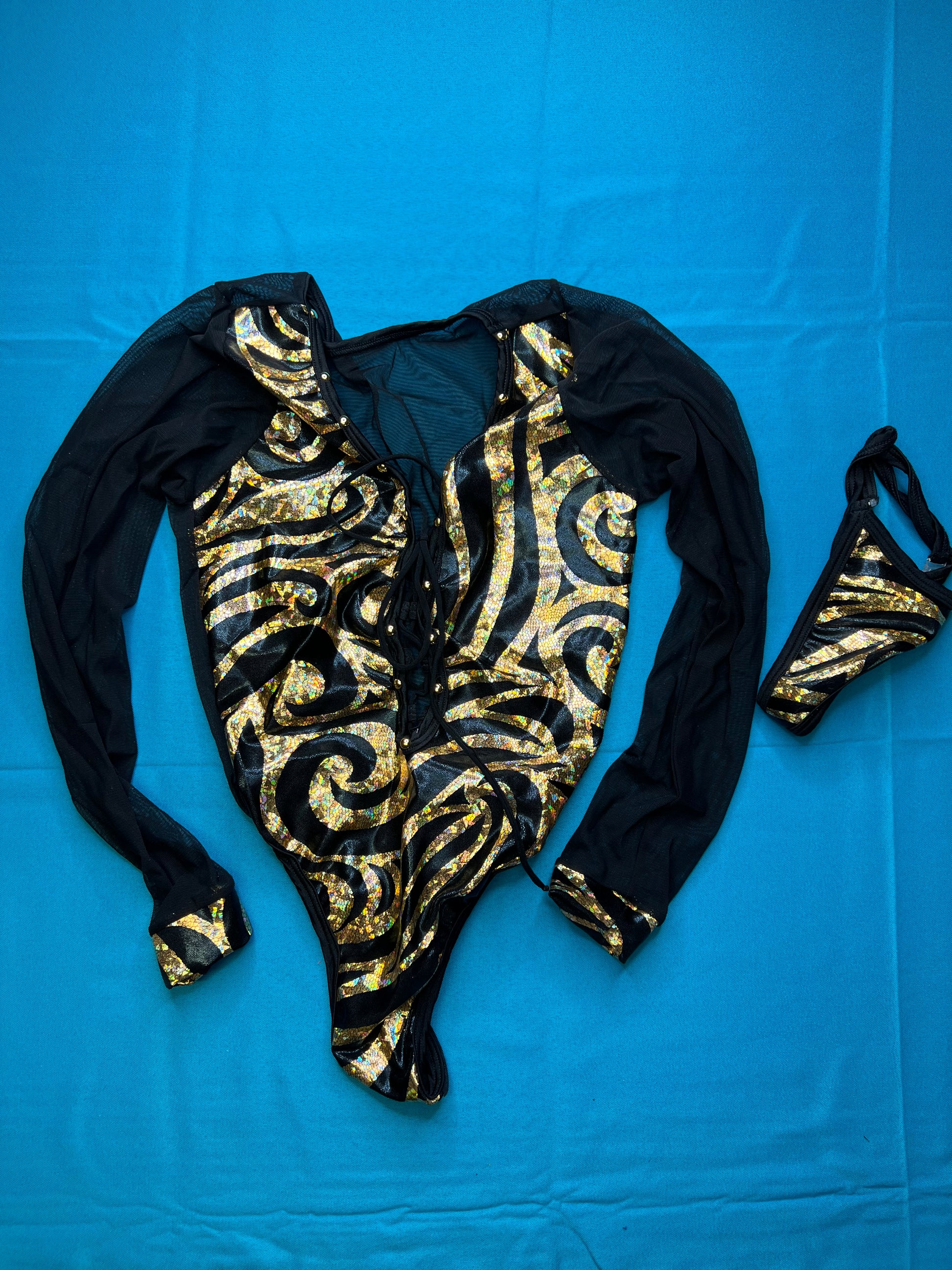 Premium Black/Gold Exotic Dance Wear Leotard Set with Thong
