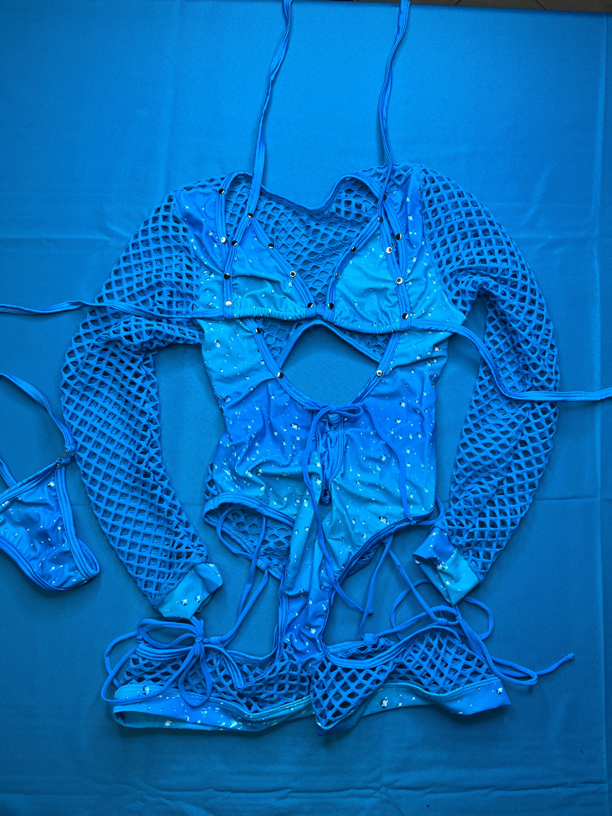 One-Piece Blue Fishnet/Water Print Romper Dancewear Outfit
