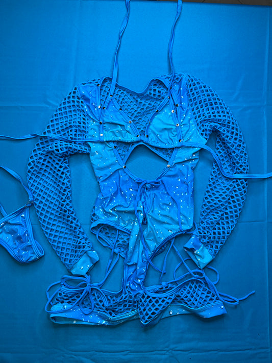 One-Piece Blue Fishnet/Water Print Romper Dancewear Outfit
