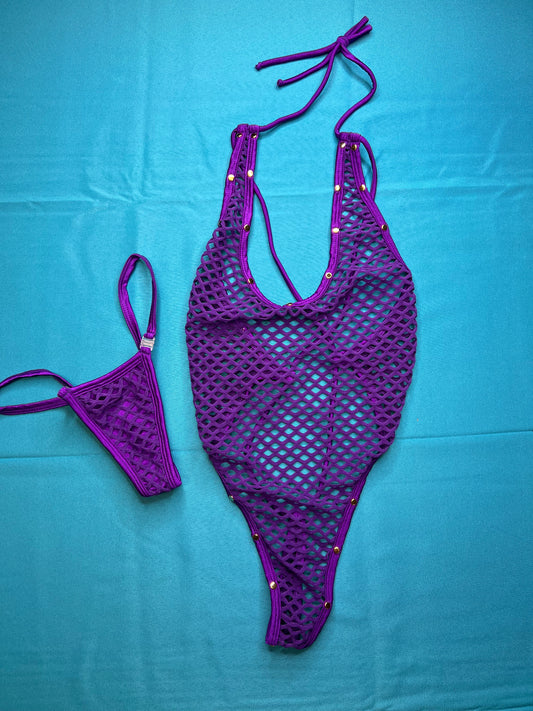 Purple Fishnet One-Piece Exotic Dance Wear with Matching Thong