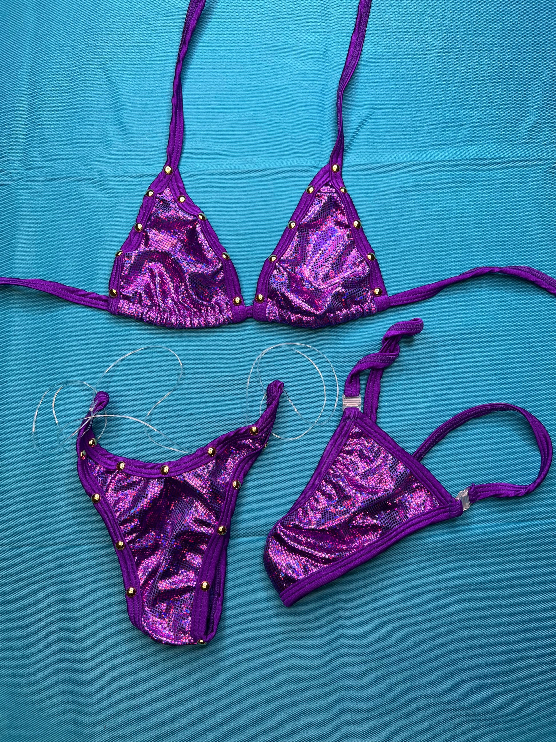 Metallic Purple/Purple Stretch Fabric Bikini Set for Exotic Dance 