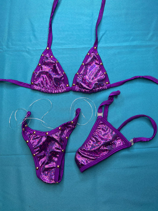 Metallic Purple/Purple Stretch Fabric Bikini Set for Exotic Dance 