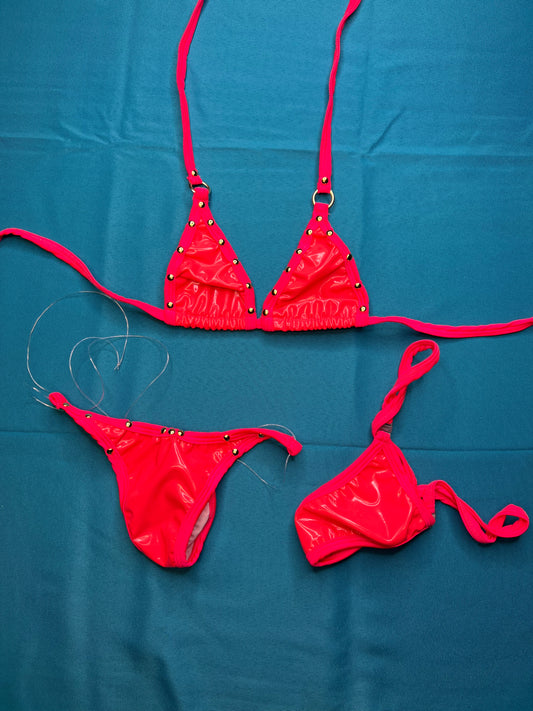 Red Latex Two Piece Bikini Set Exotic Dance Wear for Strippers 