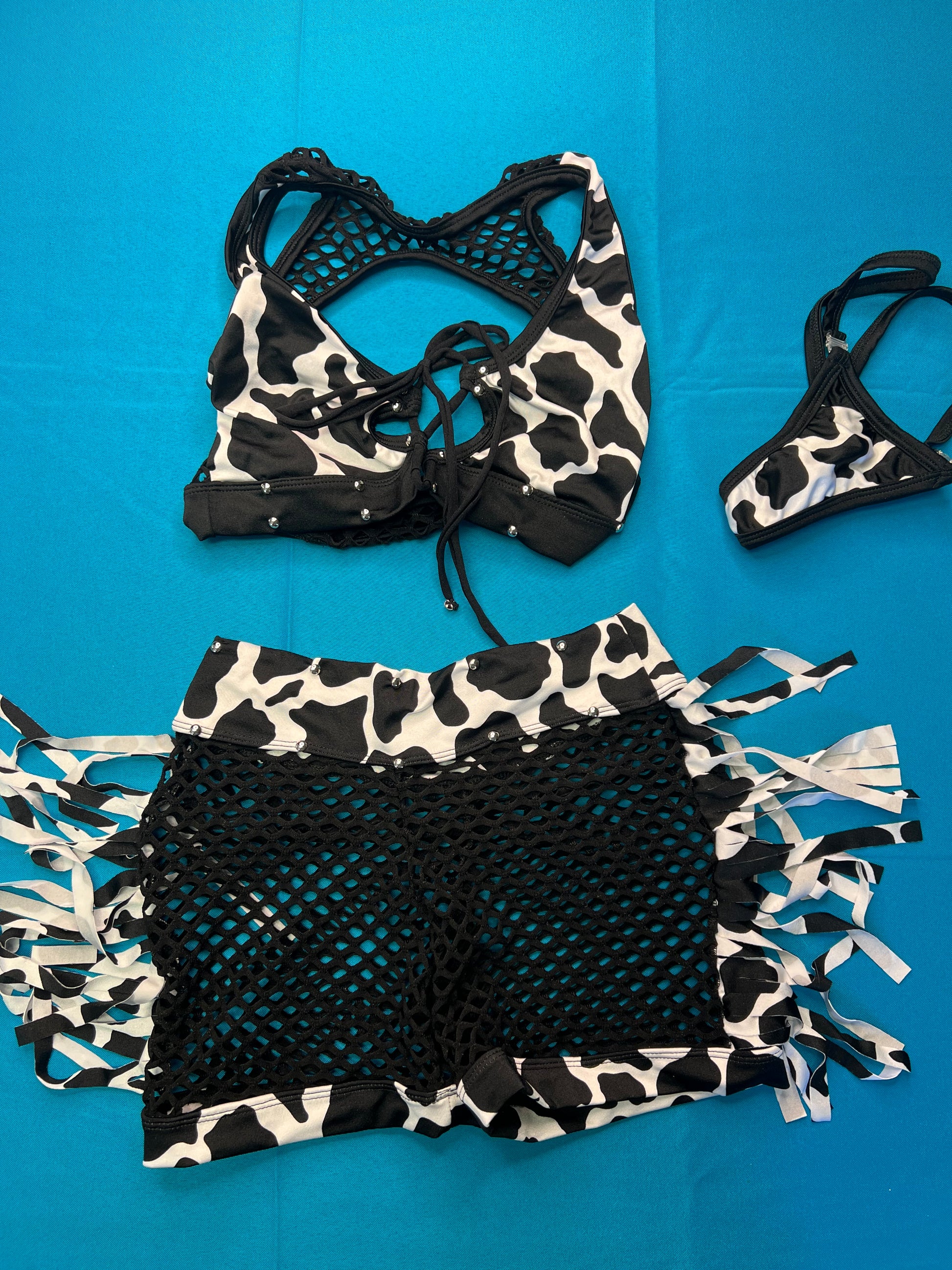 Cow Print Two-Piece Lingerie Set for Exotic Dance Fringe Shorts
