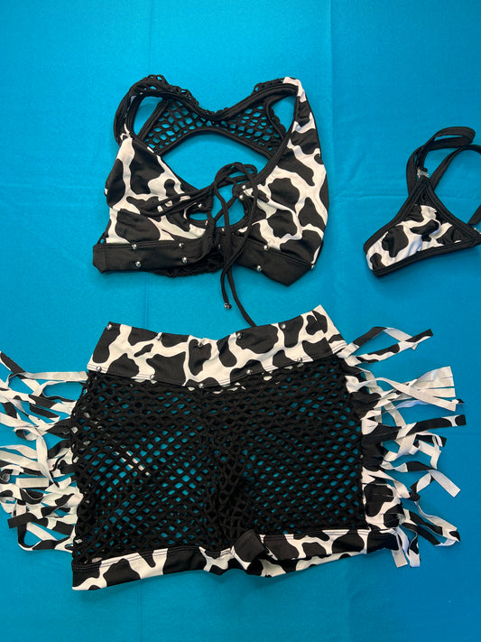 Cow Print Two-Piece Lingerie Set for Exotic Dance Fringe Shorts