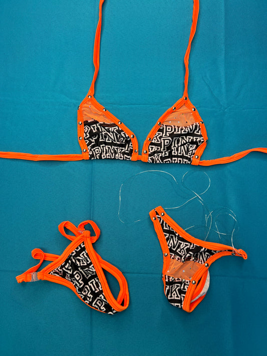 Orange Stretch Fabric Mesh Bikini Lingerie Set for Exotic Dancers
