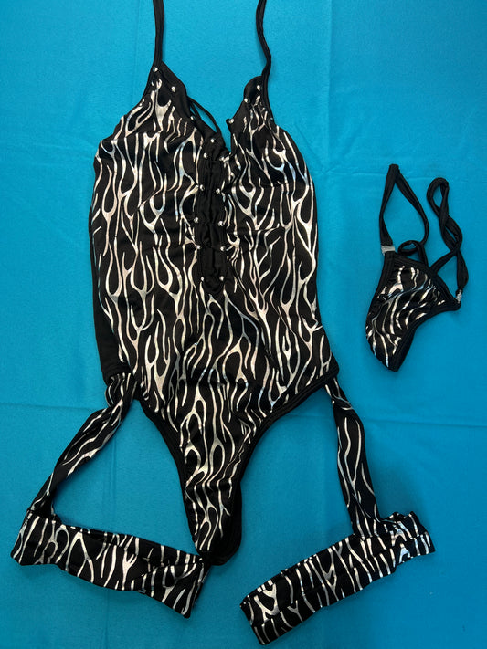 Exotic Dance Wear One-Piece Black/Chrome Sexy Stripper Outfit