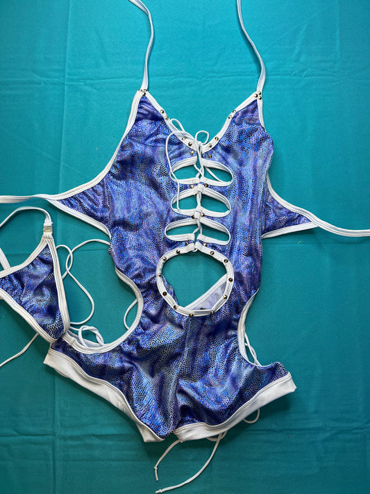 Metallic Blue Print One-Piece Outfit Exotic Dance Wear 