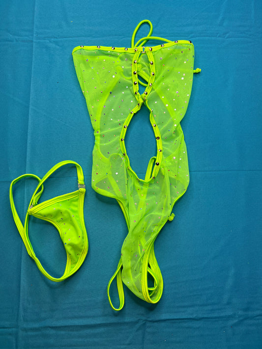 Neon Green Mesh One-Piece Exotic Dance Wear & Stripper Outfit