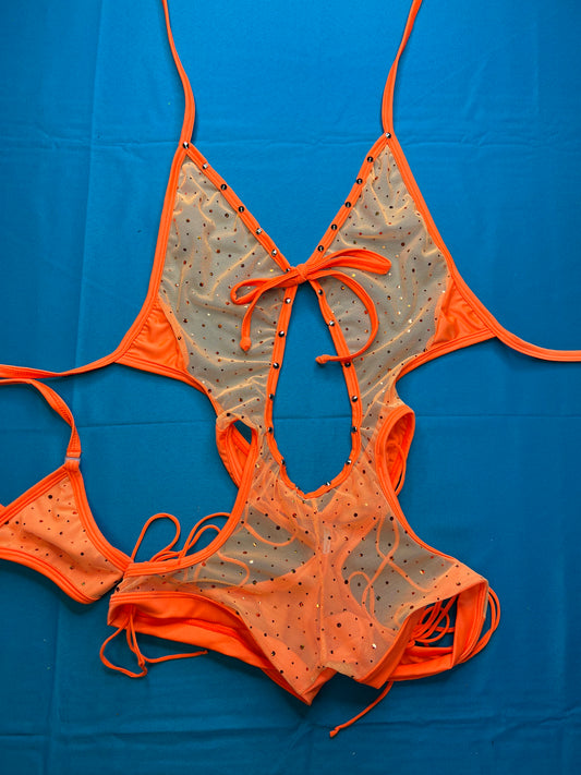 Orange Mesh Exotic Dance Wear Handmade Stripper Outfit