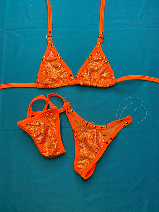 Two-Piece Exotic Dance Wear Metallic Orange Bikini Outfit