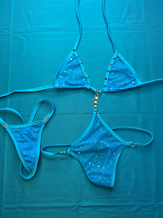 One-Piece Baby Blue Mesh Outfit with Matching Thong