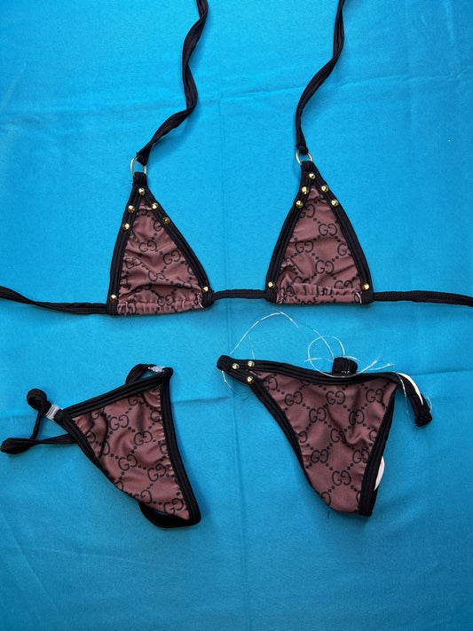 Two-Piece Brown/Black Bikini/Silicone String Bottom Exotic Wear 