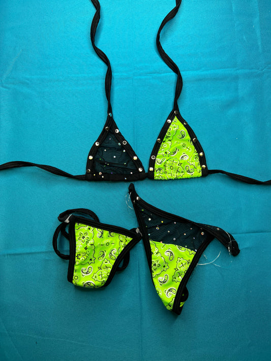 Green Bandana/Black Mesh Two-Piece Bikini Exotic Dance Wear
