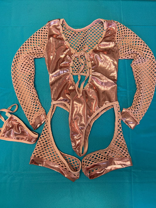Metallic Pink Shimmer Stretch Fabric & Nude Fishnet Leotard Outfit