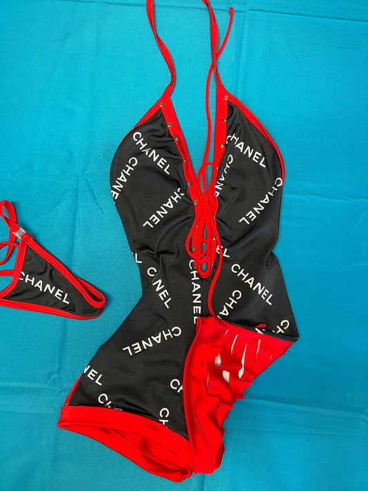 One-Piece Black/Red Stretch Fabric Lingerie Outfit Ripped Back
