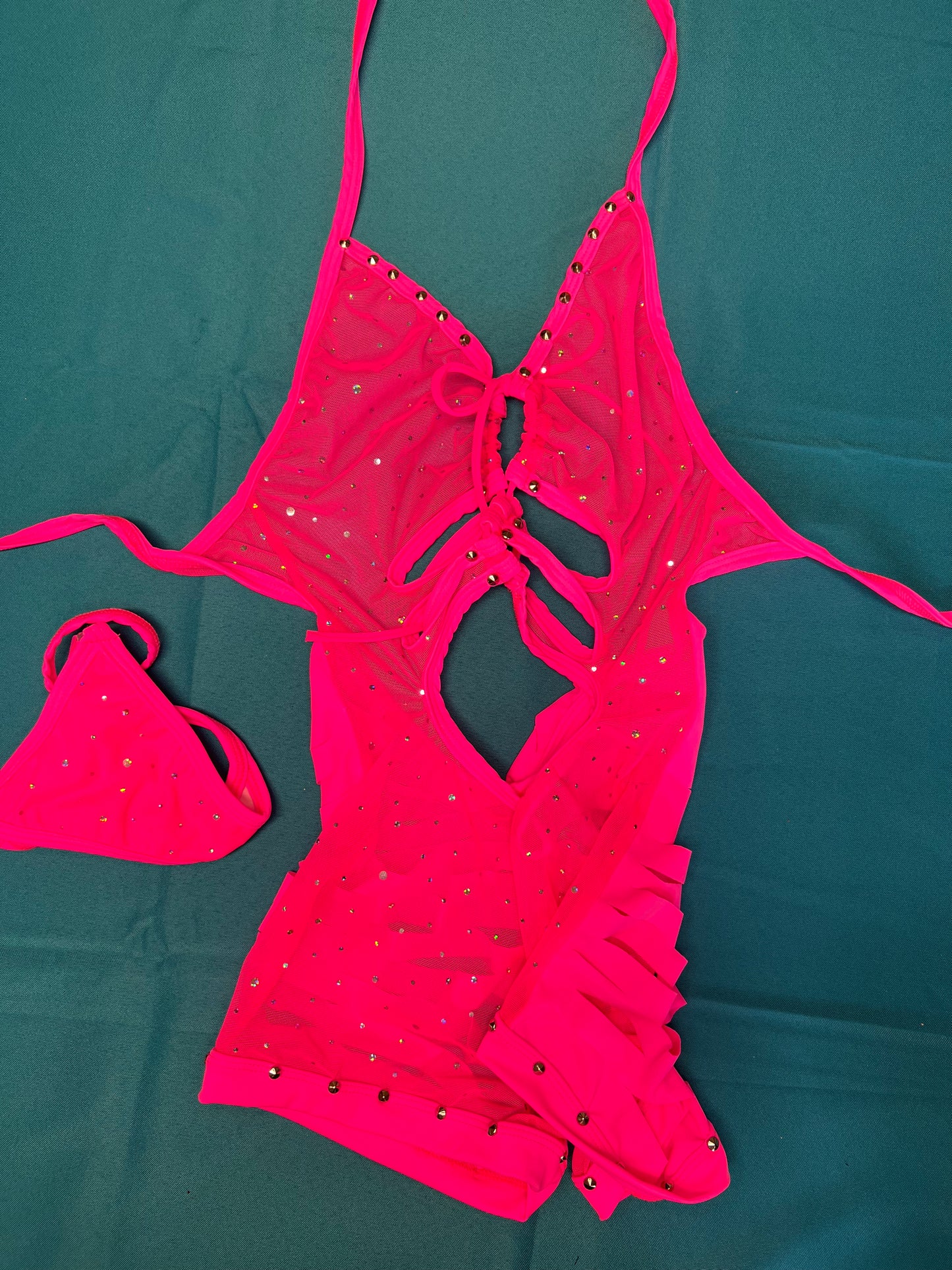 One-Piece Hot Pink Mesh Ripped Back Exotic Dance Wear Outfit