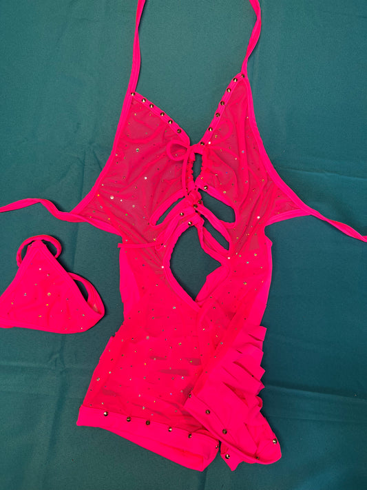 One-Piece Hot Pink Mesh Ripped Back Exotic Dance Wear Outfit