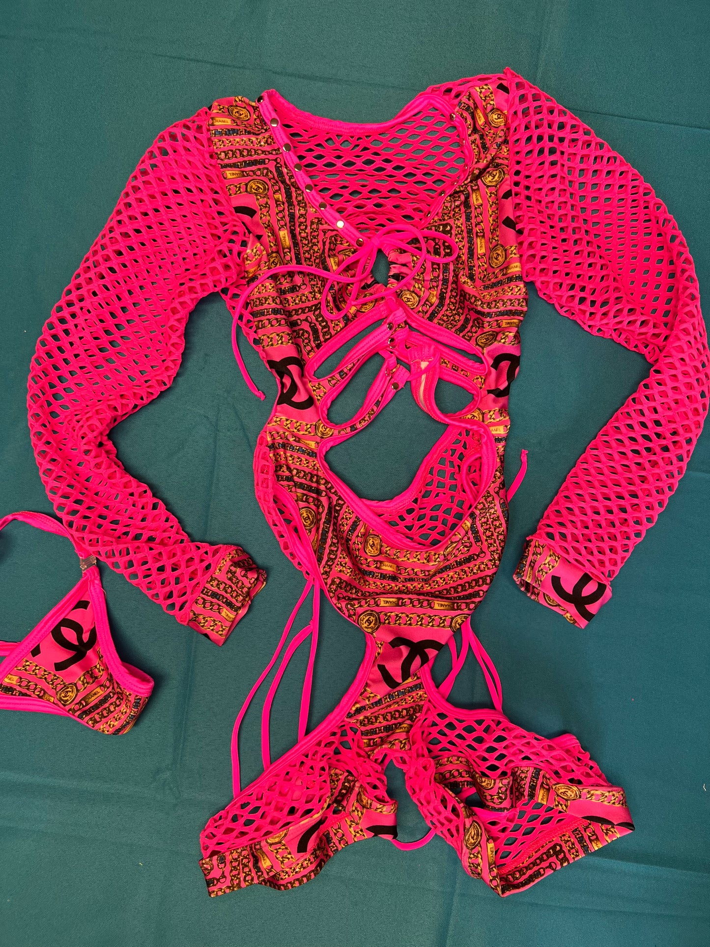 Hot Pink Fishnet/One-Piece Outfit