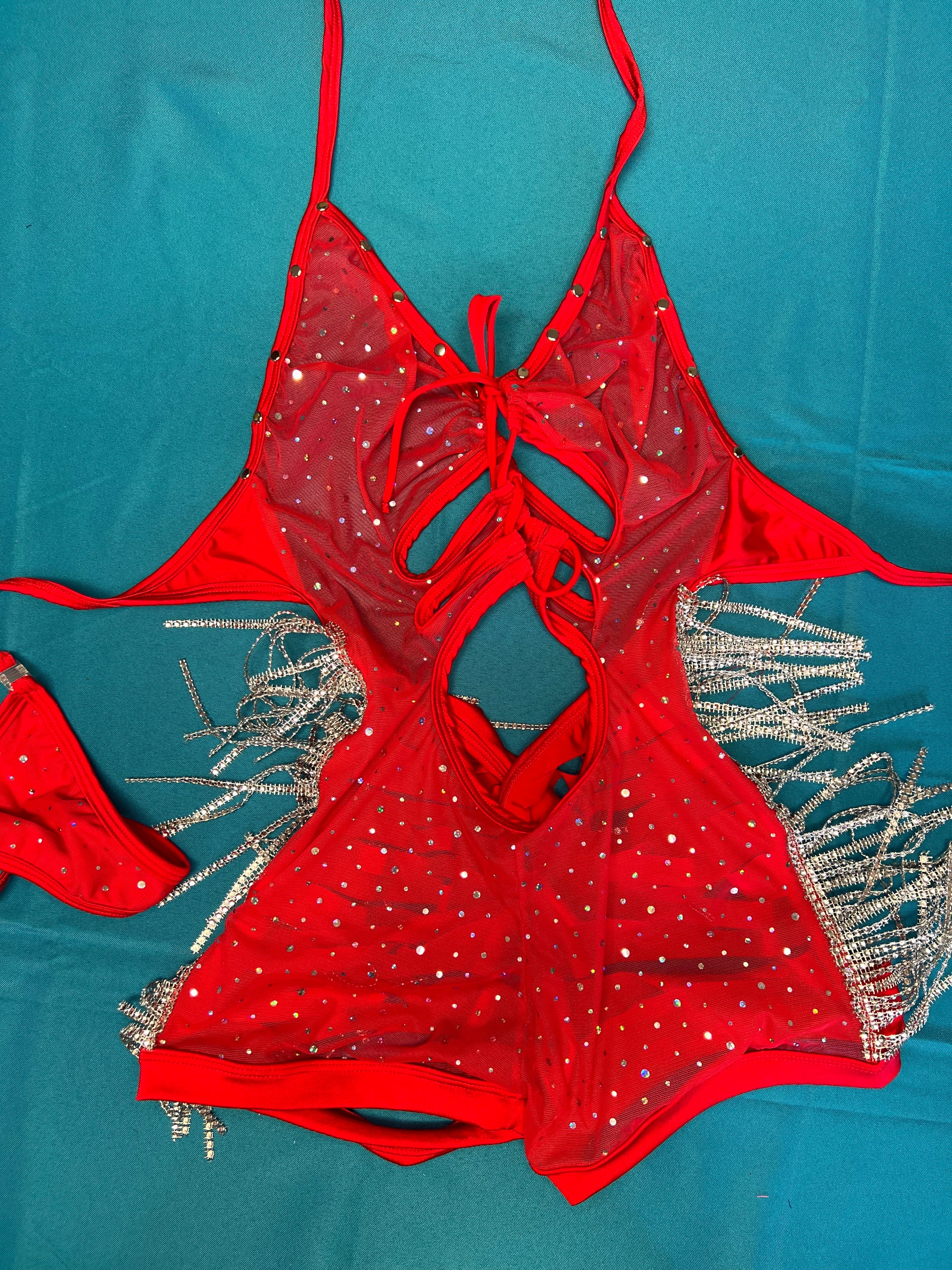 Seductive Red Mesh Fringe Outfit with Ripped Back Dance Wear