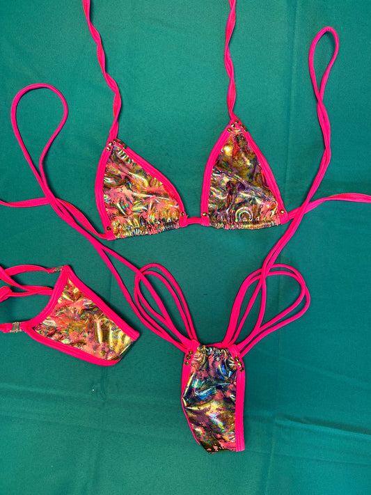 Hot Pink/Multi Color Print Sling Shot Outfit Exotic Dance Wear