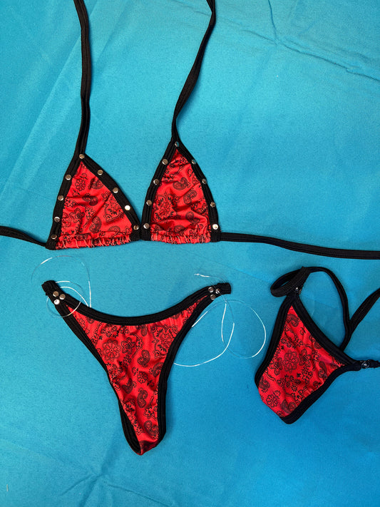 Two-Piece Red Bandana Print Bikini Top & Silicone String Bottoms
