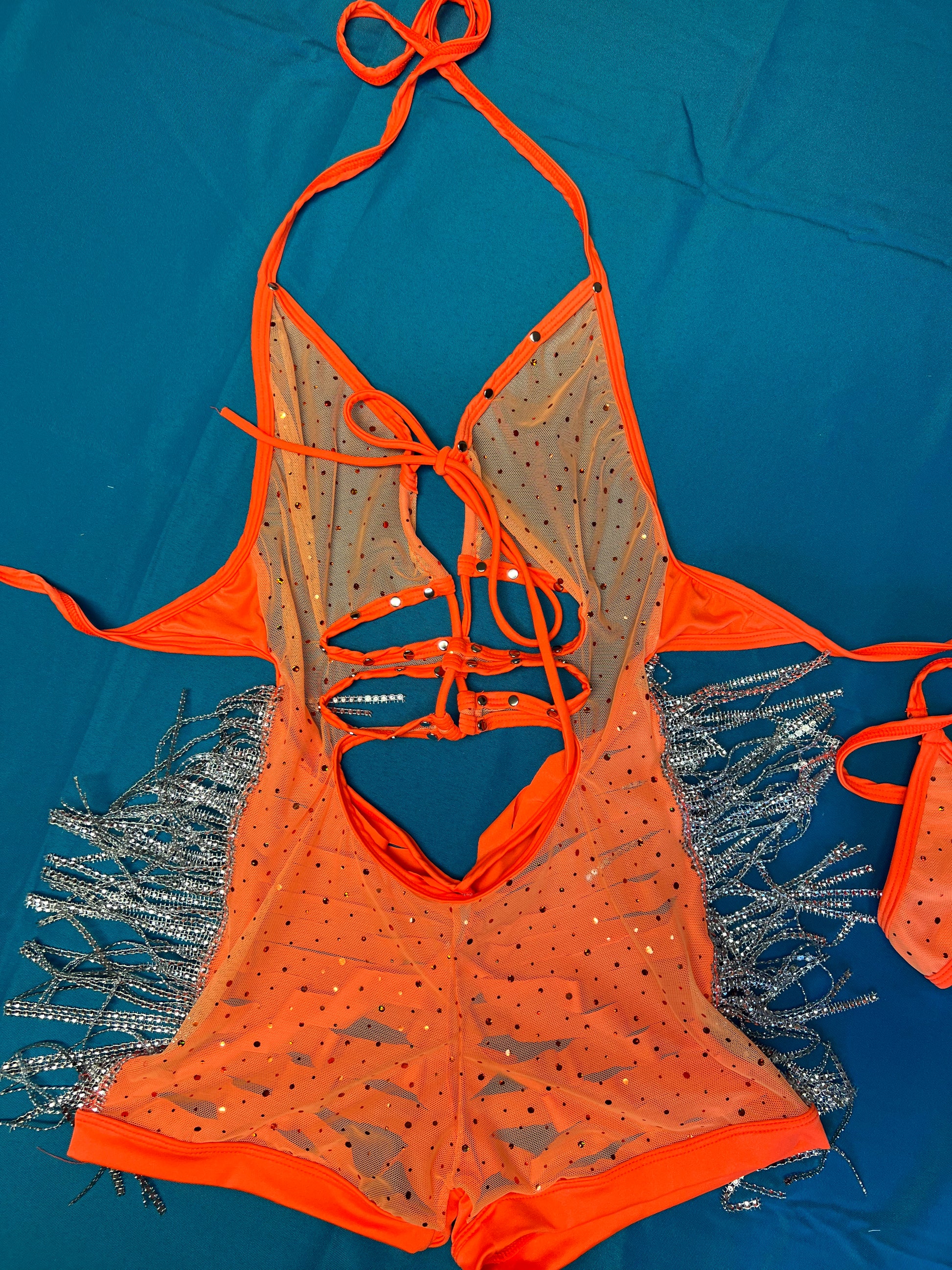 One-Piece Orange Mesh & Stretch Fabric Exotic Dance Wear Outfit 