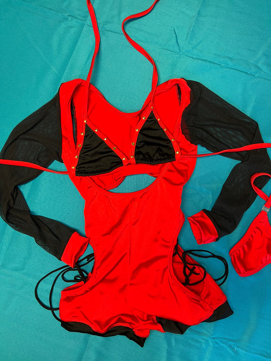 One-Piece Red/Black Stretch Romper & Bikini Top Outfit Lingerie