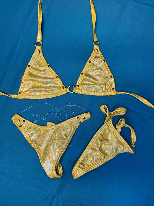 Two-Piece Gold/Gold Confetti Stretch Fabric Bikini Stripper Attire
