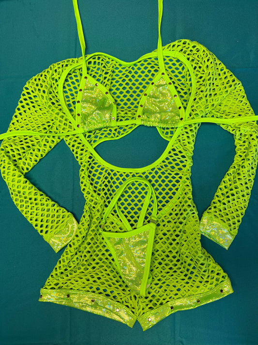Unique Lime Green Fishnet & Metallic Green Stretch Bikini Romper