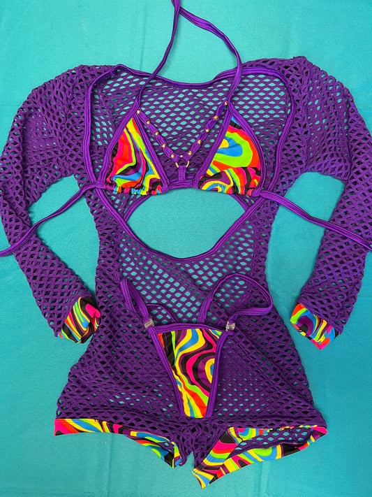 Dazzling Purple Fishnet Romper & Multi-Color Bikini Top Set