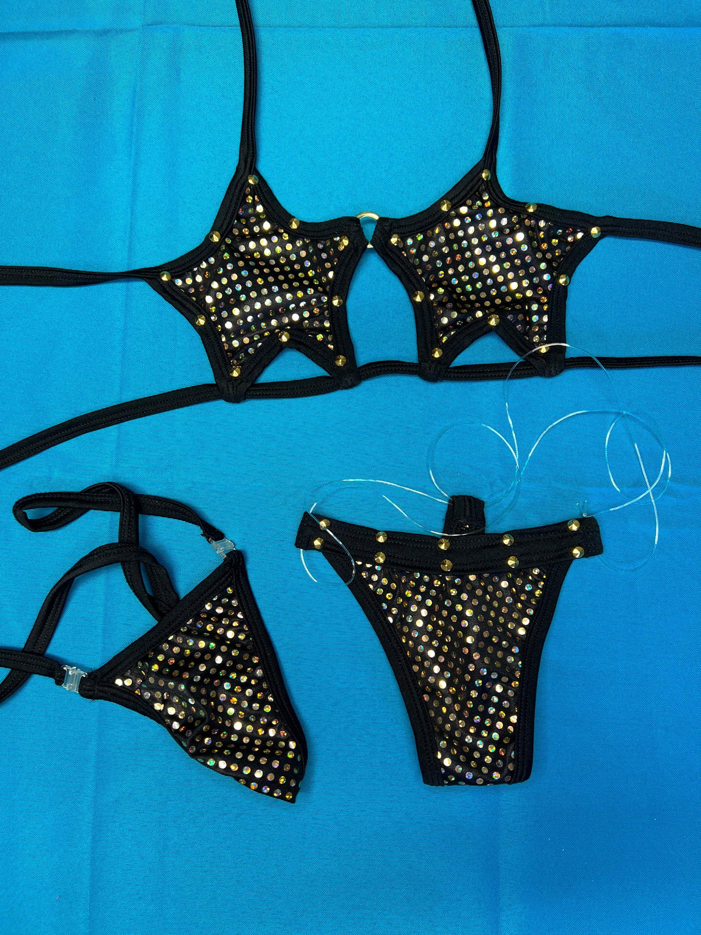 Gold Poky Dot/Black Star Bikini Lingerie Two-Piece Exotic Outfit 