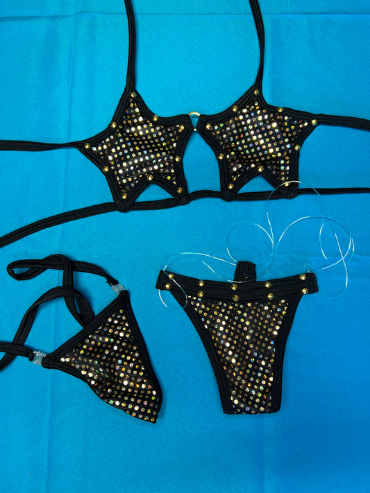 Gold Poky Dot/Black Star Bikini Lingerie Two-Piece Exotic Outfit 