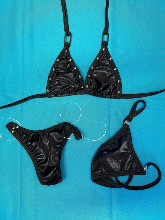 Metallic Black/Black Stretch Fabric Bikini Premium Dance Lingerie