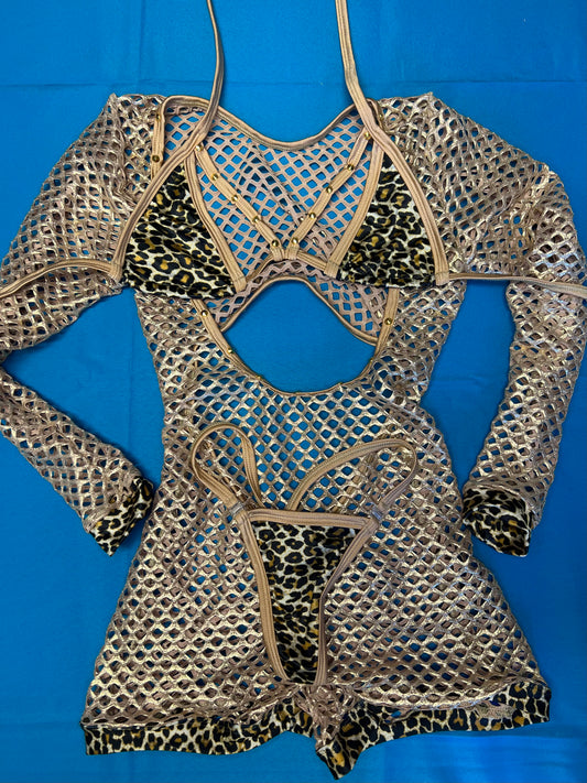 Metallic Gold Fishnet Romper Leopard Print Bikini Top & Thong Set