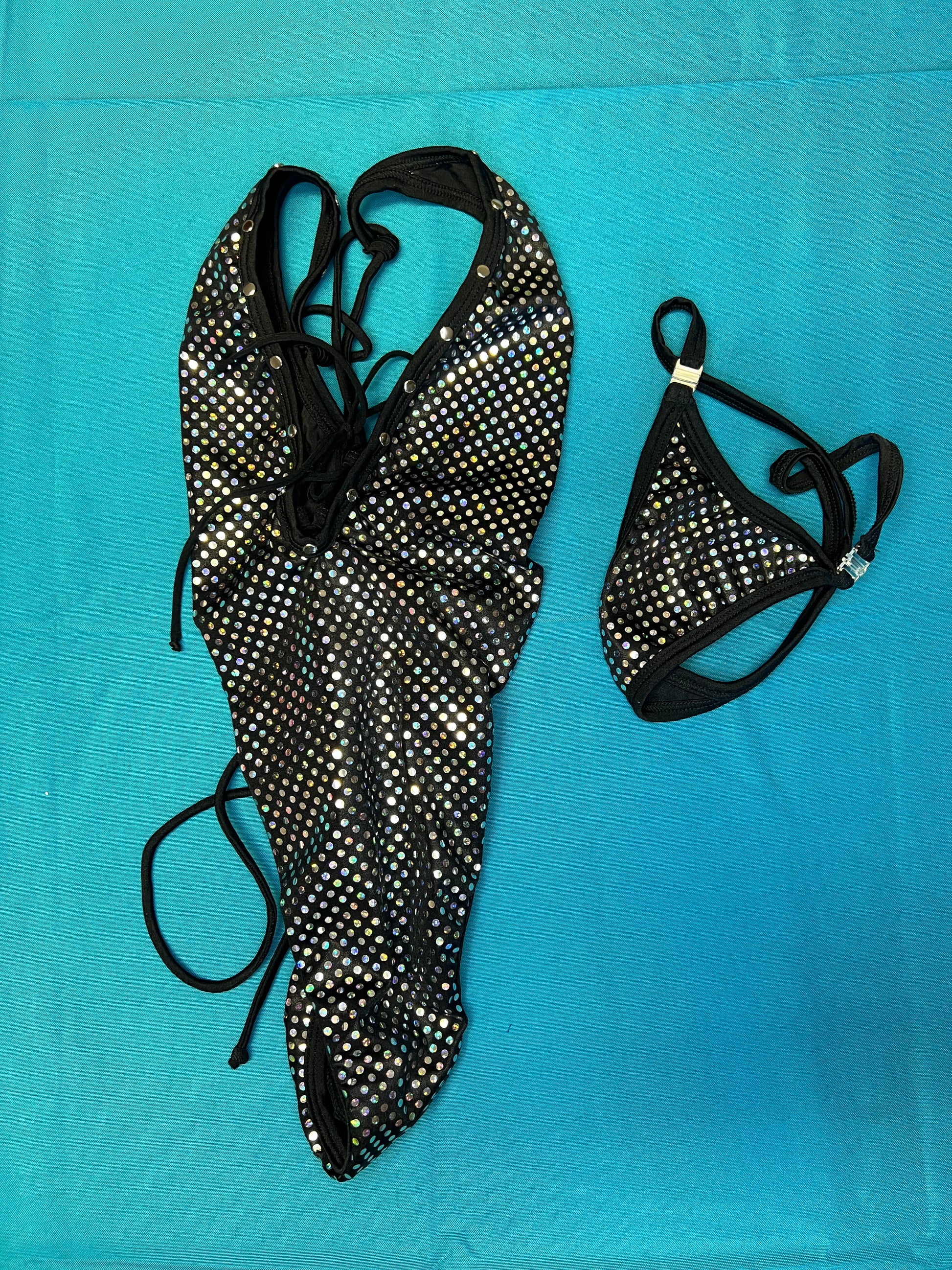 One-Piece Gold Poky Dot/Black Stretch Fabric Exotic Dance Outfit